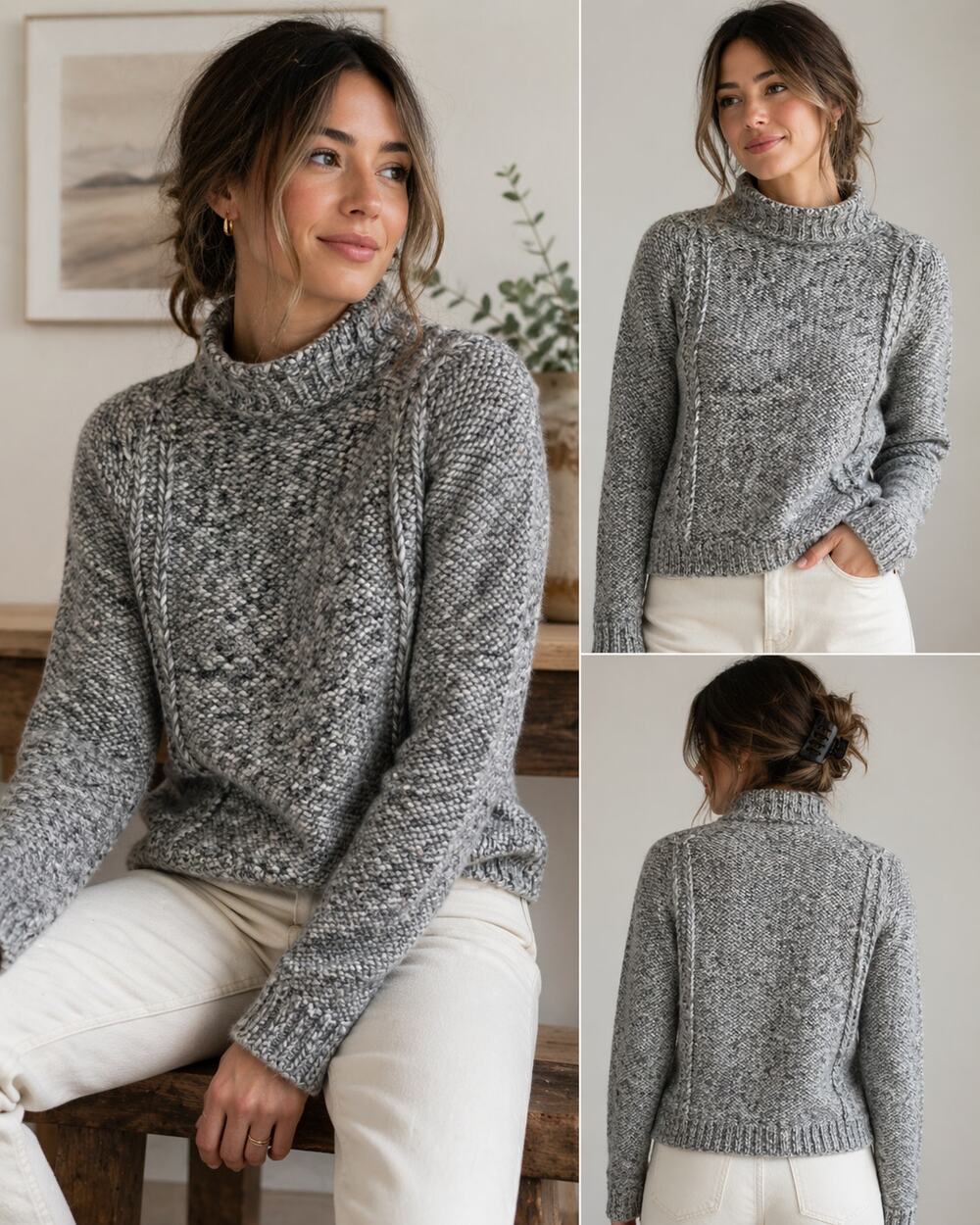 Burns Gray Marled Cable Knit Sweater Small Wool Alpaca Funnel Neck Cozy